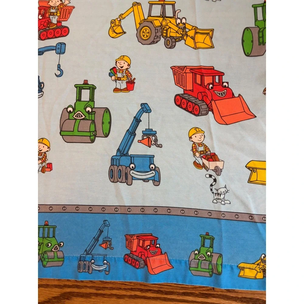 Vintage Bob the Builder Twin Flat Sheet 61x99 Construction Trucks Blue Bedding